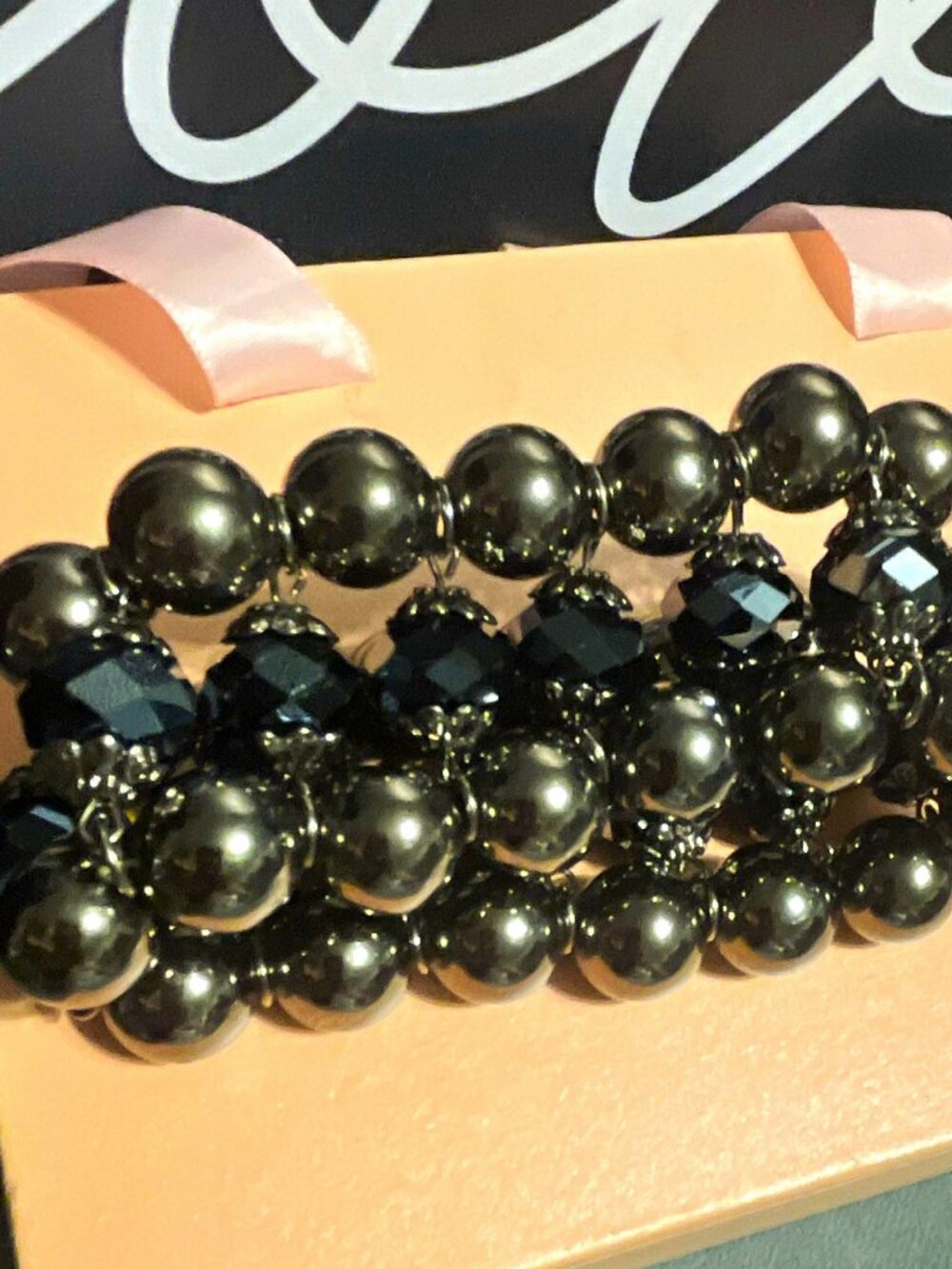 Black Crystal Beaded Stretch Bracelet Multi-Strand Round Bead No Clasp
